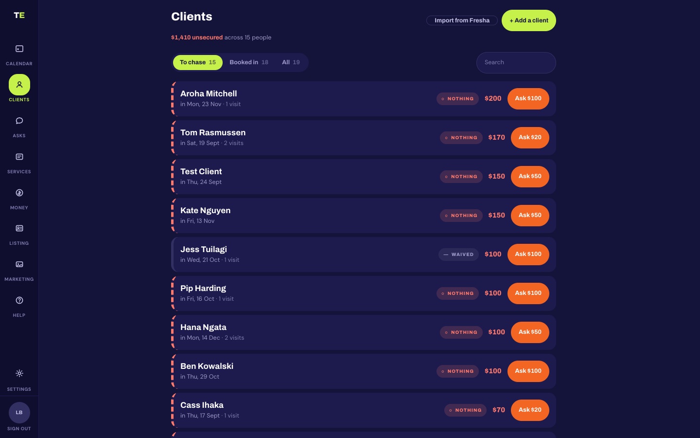 The Tatt Exec client list, showing deposits to chase